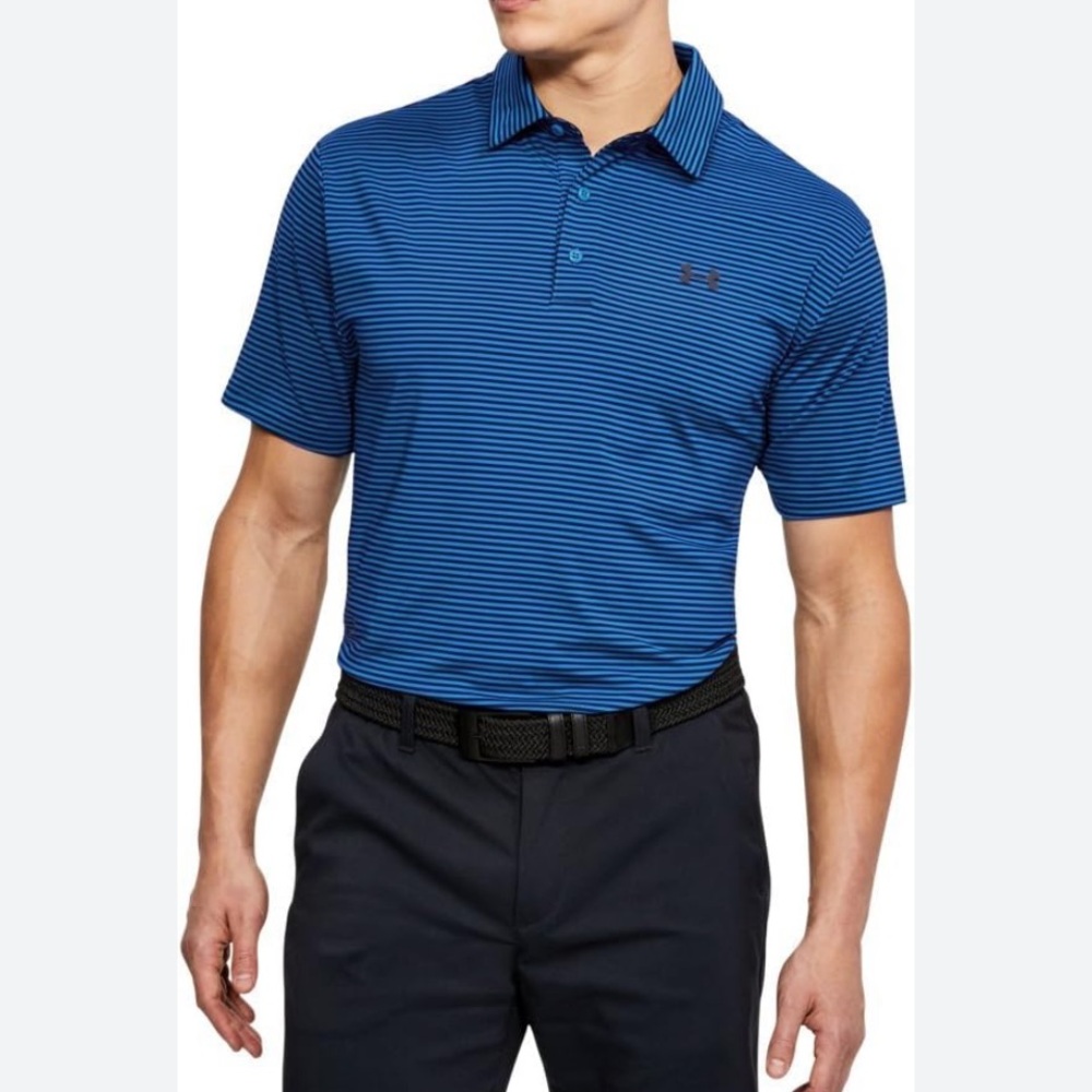 UNDER ARMOUR Blue & Black Striped Playoff Heat Gear Golf Polo Shirt Size L